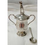 1931 EXETER CITY'S ENGLISH CUP RUN, SILVER TWIN HANDLED CUP WITH LID & FINIAL - TOGETHER WITH 2