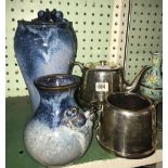 PLATED TEAPOT & SUGAR BASIN, 2 POTTERY VASES