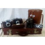 QTY OF PERIOD ITEMS INCL; A BROWNIE CAMERA IN CLOTH CASE, 2 PERIOD CAMERA'S 1. A KOWA 35M IN CASE,