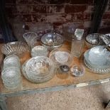 SHELF OF GLASSWARE INCL; FRUIT BOWLS, DESSERT BOWLS, VASES ETC