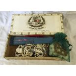 BOX OF COSTUME JEWELLERY WITH QTY NECKLACES, FAN, SCARF & PAIR OF LITZ BINOCULARS IN BAG