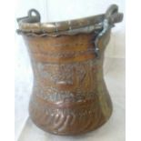 PERIOD COPPER BUCKET WITH BRASS SWING HANDLE HEAVILY DECORATED WITH DEER IN A WOODLAND SETTING