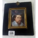 MINIATURE PORTRAIT OF JAMES 1ST IN ANTIQUE PAPIER MACHE AND BRASS FRAME [PRINT?]