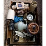 CARTON OF MIXED ITEMS INCL; POTTERY, CHINA & METALWARE