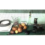 SHELF OF CHINAWARE & WOODEN FRUIT, GLASS SHIP IN BOTTLE, GLASS TEMPERATURE GAUGE ETC