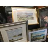 4 F/G SIGNED C.N SMITH PRINTS, F/G MARGARET ROWE PAINTING OF FLOWERS, F/G WATERCOLOUR OF A BEACH