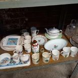 SHELF OF CHINAWARE INCL; 2 SPODE MUGS, TEA POT, PLATE & SOME PIECES BY BILLEROY & BOSCH