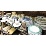 SHELF OF MIXED POTTERY & PORCELAIN INCL; LARGE QTY OF WEDGWOOD MIKADO PLATES,BOWLS & SAUCERS WITH