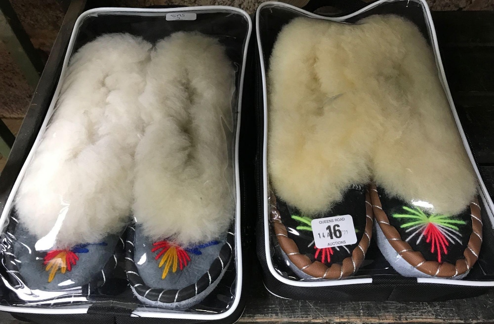 TWO PAIRS OF NEW CASED SHEEPSKIN LEATHER MOCCASIN SLIPPERS - SIZE 5-6