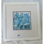 JANE HICKMAN SIGNED BATIK PRINT OF IRISES TOGETHER WITH A PAINTED WOODEN CUT OUT OF A SAILOR,