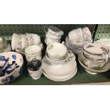 SHELF OF CHINAWARE CONSISTING OF PARAGON, COALPORT, QUEEN'S CHINA ETC, CUPS, SAUCERS PLATES ETC