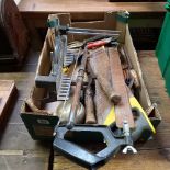 CARTON OF TOOLS INCL; SAW, TROWEL, GARDEN FORK ETC