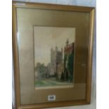 WATERCOLOUR VIEW OF CATHEDRAL AND BISHOP'S PALACE, EXETER, INSCRIBED & INDISTINCTLY SIGNED