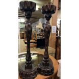 PAIR OF OAK CARVED CANDLE HOLDERS 22'' HIGH