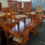 MODERN POLISHED TEAK DINING TABLE WITH 4 UPHOLSTERED CHAIRS & 2 CARVERS - UNUSUAL ORIENTAL STYLE
