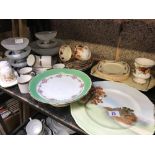 MIXED SHELF OF CHINAWARE, CUPS, SAUCERS PLATES ETC