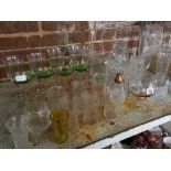 SHELF OF GLASSWARE INCL; DECANTER, GLASSES & JUGS ETC