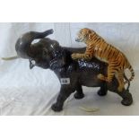 LARGE BESWICK FIGURE OF TIGER ATTACKING AN ELEPHANT 12'' HIGH X 16.5 LENGTH (1 TUSK OF ELEPHANT IS