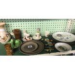 SHELF OF CHINAWARE CONSISTING OF NOVELTY EGG CUPS, PLATES, WALL BIRDS ETC