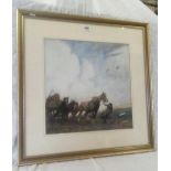 FIGURE LEADING CART HORSES WITH A HAY WAGON, INDISTINCTLY SIGNED WITH MONOGRAM 15'' X 15'' (PRINT ?)