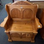 MODERN CARVED PINE MONK BENCH WITH HINGED LID 33'' WIDE