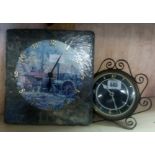 PERIOD MANTLE CLOCK IN METAL FRAME & ANOTHER ON SLATE BASE WITH PICTURE OF A TRACTOR