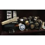 SHELF OF METALWARE ITEMS INCL; LIGHTERS, TROPHY'S RAC MEMBER BADGE & CASED CUTLERY ETC