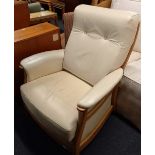 CREAM LEATHER & WOOD ELBOW CHAIR