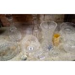 SHELF WITH QTY OF GLASSWARE INCL; DECANTERS, FRUIT BOWL, VASE ETC
