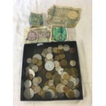 TUB OF PRE DECIMAL COPPER COINAGE - MOSTLY UK & FURTHER BOX OF WORLD COINS & NOTES
