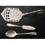 SMALL SILVER TEA SPOON & LETTER OPENER TOGETHER WITH ANOTHER WHITE METAL OBJECT