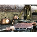 SHELF OF COPPER ITEMS INCL; A BELLOWS, & BRASS COMPANION SET TOGETHER WITH A FLAT IRON