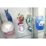 SHELF OF GLASSWARE, EGYPTIAN STYLE CAT & FISH