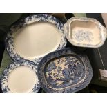 2 CHINA NOVELTY CHEESE DISHES, BLUE & WHITE PLATES & FLAN DISHES