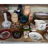 SHELF WITH QTY OF CHINAWARE INCL; VASES, PLATES ETC