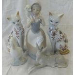 SHELF OF 5 CHINA PIECES, 2 MARKED NAO TO BASE, 1 A GIRL CARRYING A LAMB 2ND A SWAN, 3RD LLADRO OF