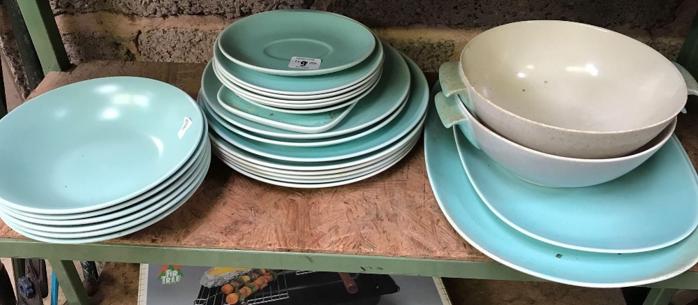 SHELF OF POOLE POTTERY, BOWLS, PLATES ETC