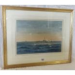 WATERCOLOUR OF HMS KENYA WITH HMS THESEUS AND HMS IMPLACABLE IN THE DISTANCE SIGNED E TUFFNELL, WITH