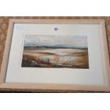 F/G WATERCOLOUR OF RETREATING WEATHER ESTUARY & 2 FRAMED PICTURES - 1 HARBOUR SCENE & 1 VILLAGE