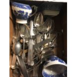 CARTON OF CUTLERY & 3 PIECES OF BLUE & WHITE CHINAWARE