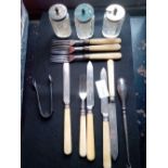 TRAY OF CUTLERY WITH SILVER COLLARS TOGETHER WITH 3 GLASS SCENT JARS