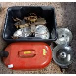 CARTON WITH PETROL CAN, TWO VINTAGE VEHICLE SPOT HEADLIGHTS & OTHER ITEMS