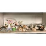 SHELF OF MIXED CHINAWARE INCL; ANIMAL FIGURES, NOVELTY BITS ETC