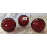 3 RED GLASS BALLS & CLEAR GLASS PLATE - ALL UNDAMAGED