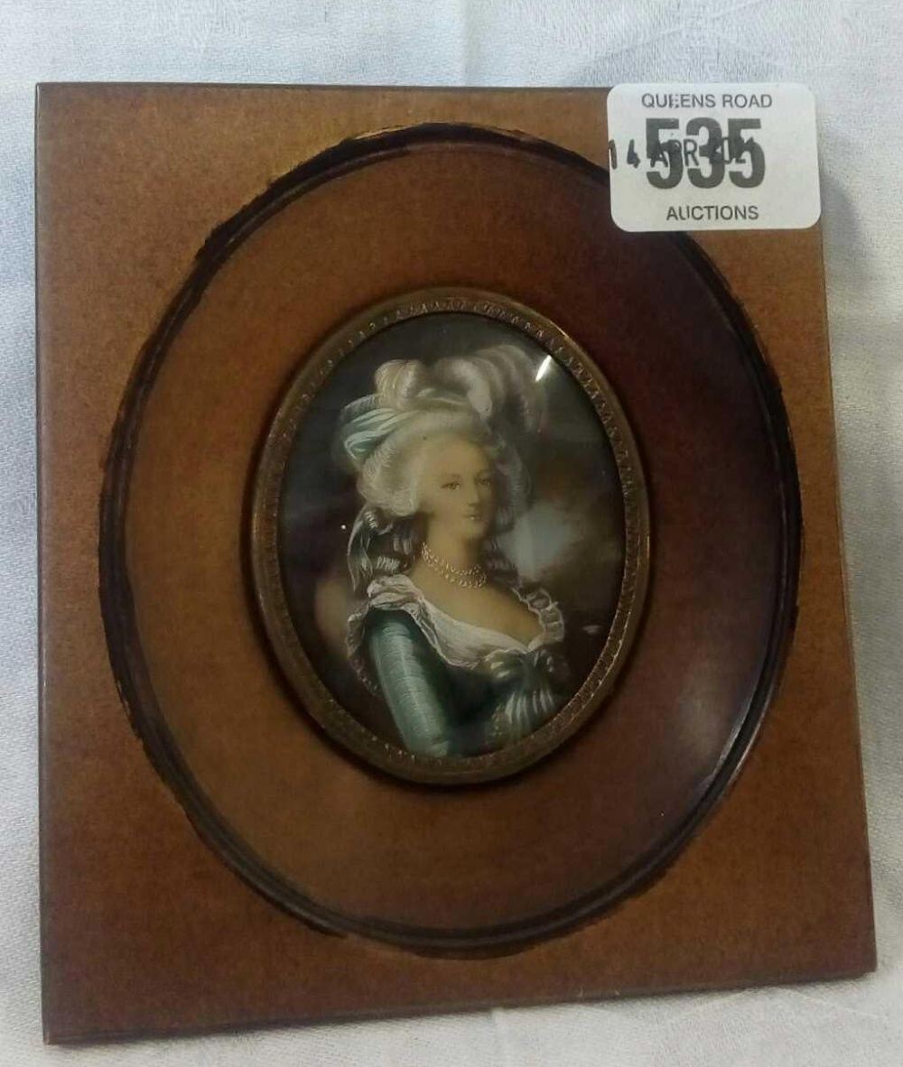 WOODEN FRAMED MINIATURE OF A LADY WITH PLUMED HAT