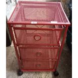 3 DRAWER RED METAL STORAGE UNIT ON WHEELS & A WHITE METAL UNIT WITH A TRAY