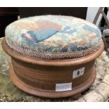 WOODEN CIRCULAR SEWING BOX WITH TAPESTRY TOP WITH COTTONS & SCISSORS ETC
