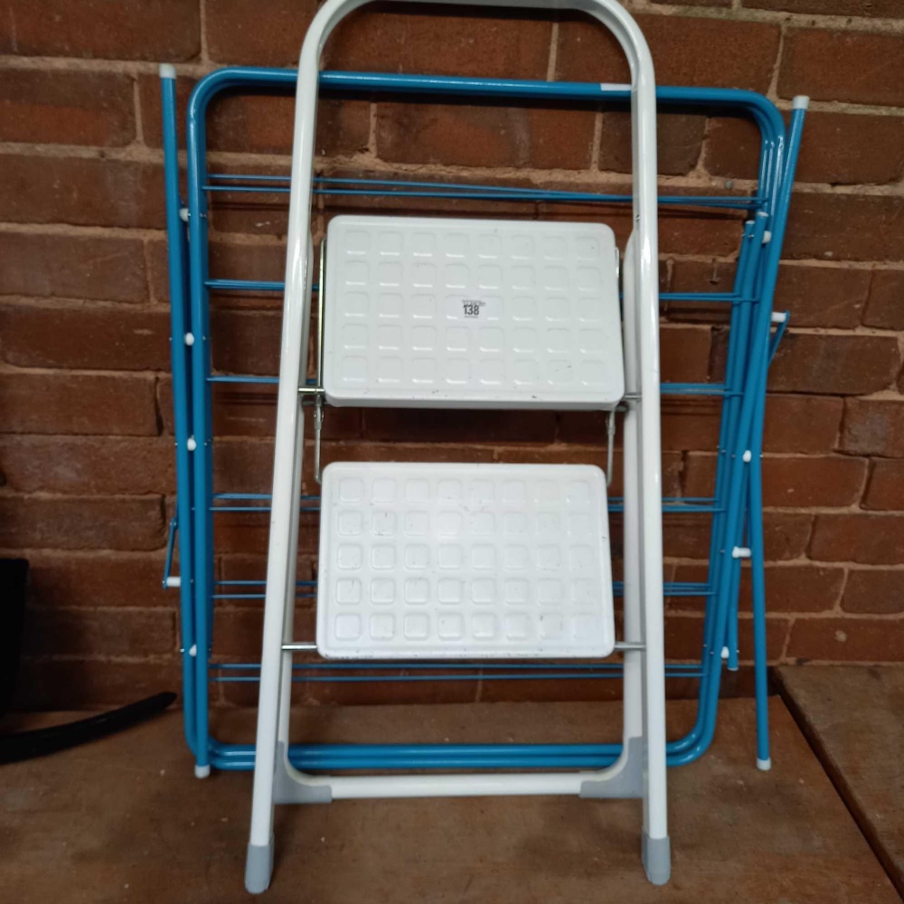 2 TREAD METAL STEP STOOL & METAL FOLDING CLOTHES DRIER