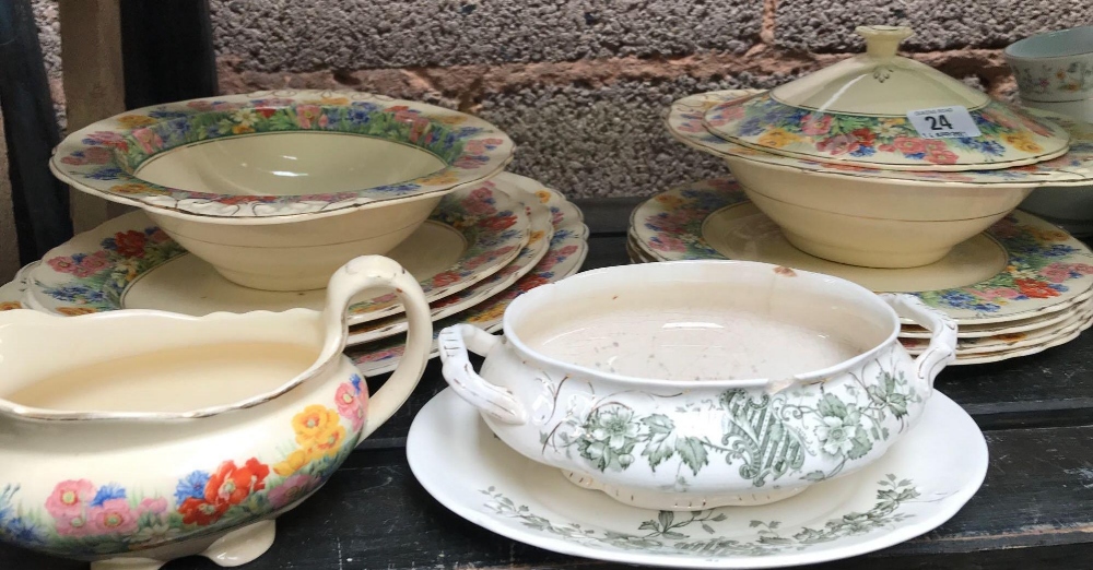 SHELF OF CHINAWARE, SAUCERS, CUPS ETC