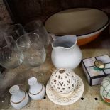 SHELF OF GLASSWARE & CHINA, VASES, CLOCK ETC